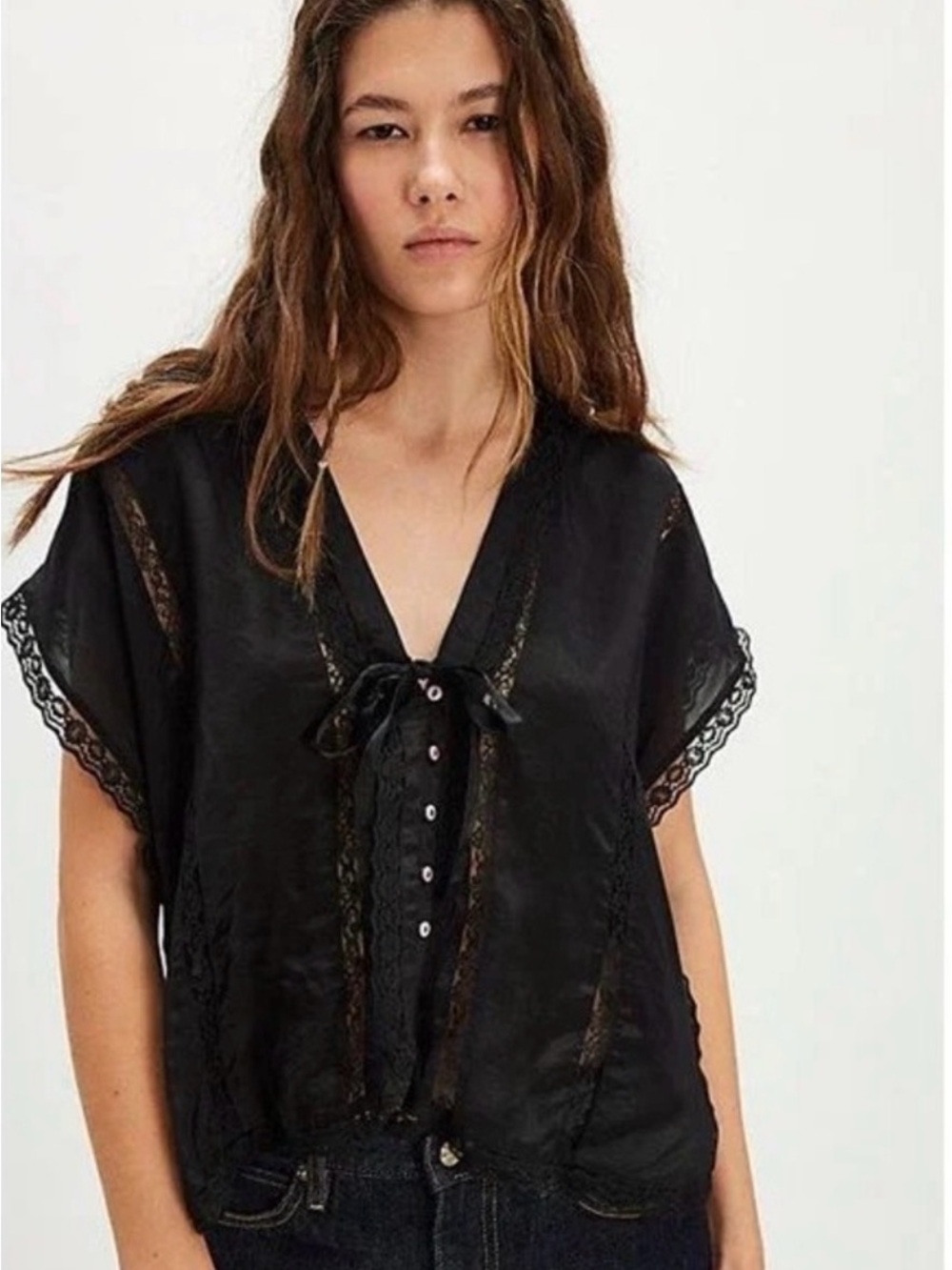 NWOT Free People Black Lace-Trim V-Neck Tie-Front Blouse